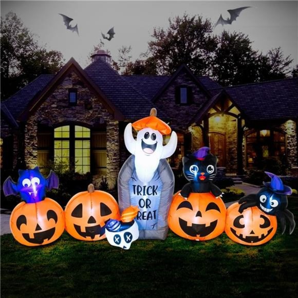 8FT Halloween Inflatable Decorations, Blow Up Pumpkins, LED Lights